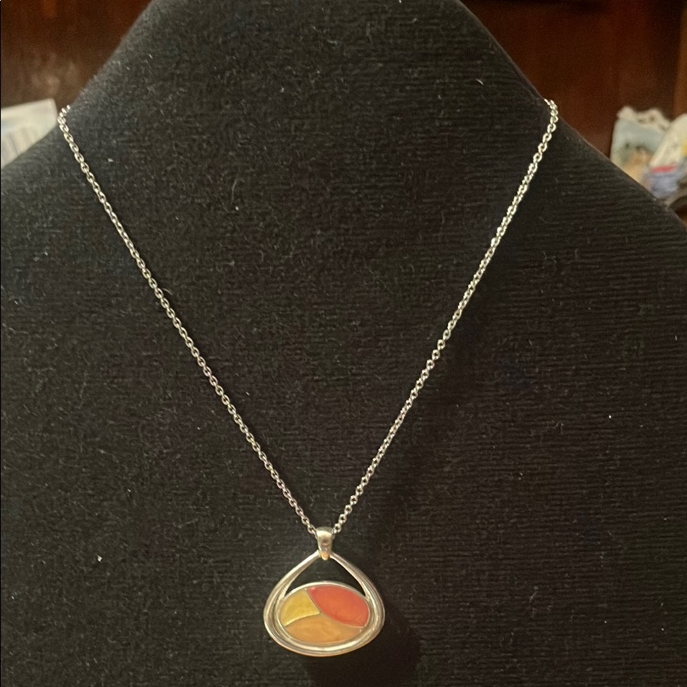 Silver Pendant Necklace with Orange and Yellow Accents